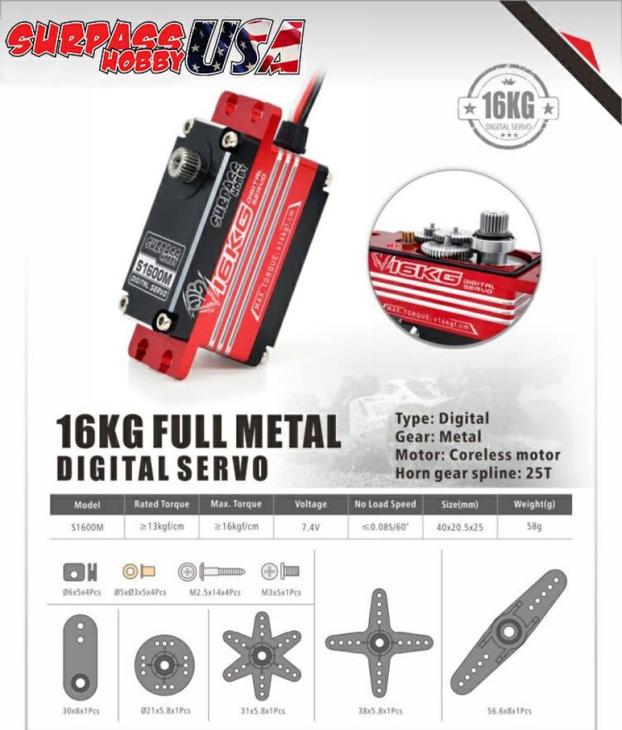 Servos* * | Reliable Quality S1600M Digital Servo 16Kg/222Oz .08/7.4V Low Profile Full Metal (Surpass Hobby Usa)