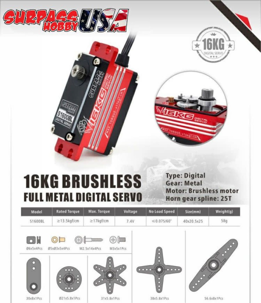 Servos* * | Cheap S1600Bl Digital Brushless Servo 16Kg/222Oz .07/7.4V Low Profile Full Metal (Surpass Hobby Usa)